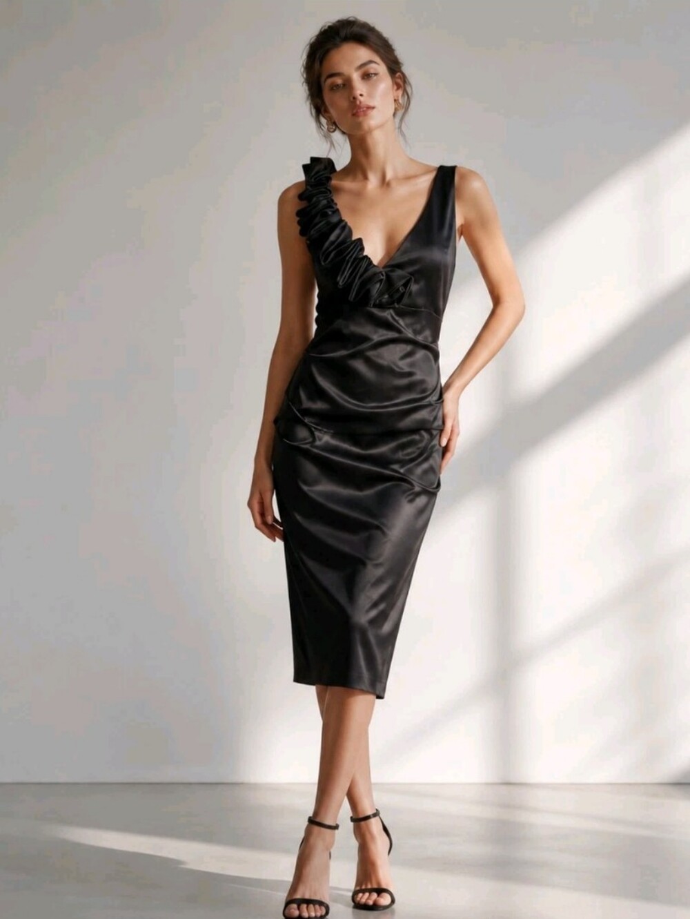 Vintage Y2K Betsy Adam Black Satin Dress Size Medium Ruched Ruffle Dark Romantic
